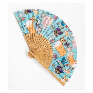 NEW Karen Mabon Oh So Royal Corgi Dog Hand Fan Foldable Buckingham Palace Blue